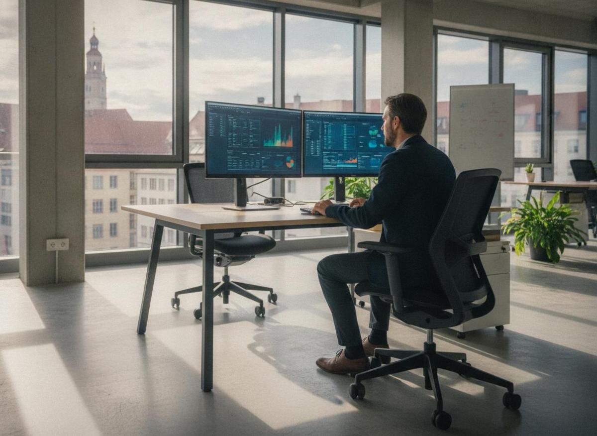Marketing-Mitarbeiterin vergleicht Automatisierungs-Workflows auf zwei Monitoren – Marketing Automatisierung Tools Vergleich 2026