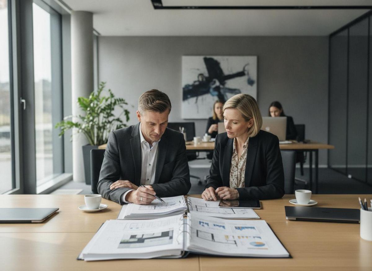 Zwei Fachleute prüfen Agentur-Portfolio beim Werbeagentur-Vergleich – Mittelstand-Kriterien für die richtige Wahl