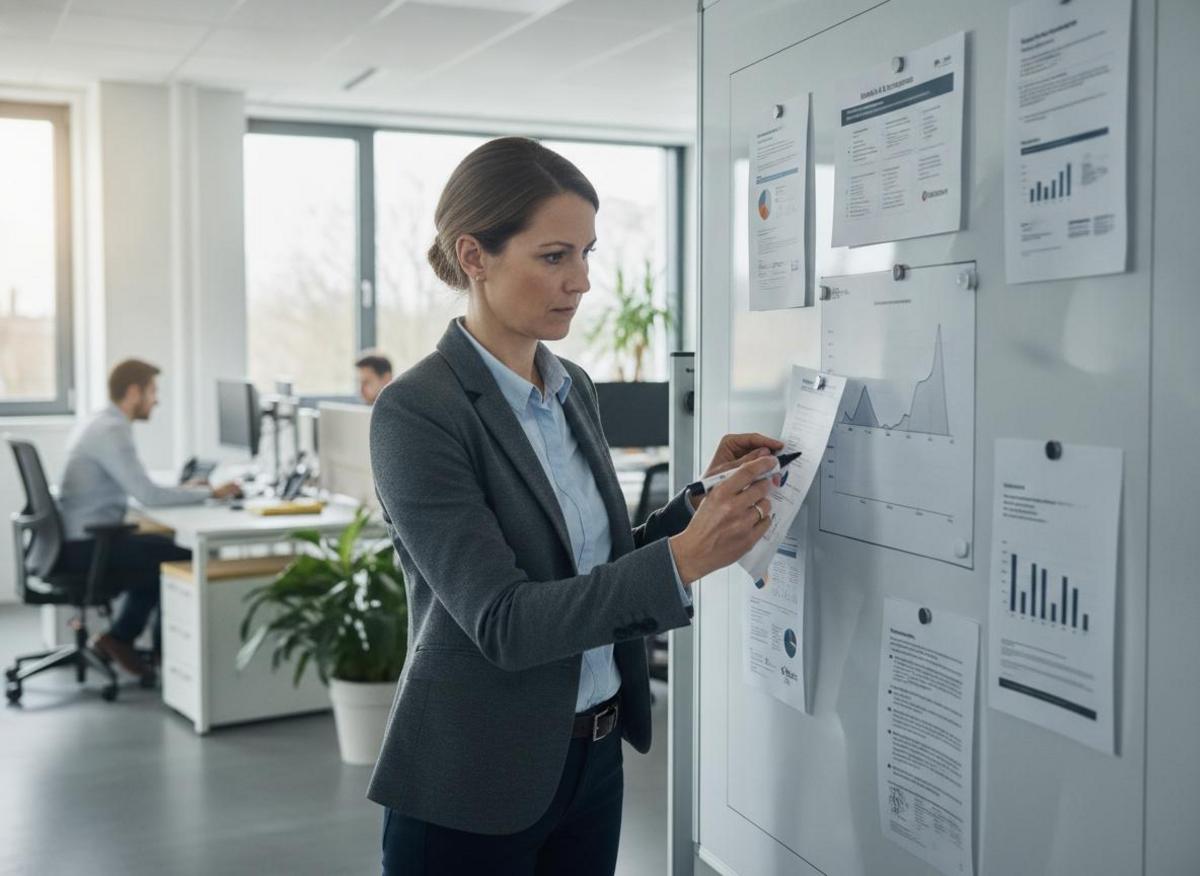 Marketing Manager analysiert Fallstudien an Whiteboard – Werbeagentur Vergleich Mittelstand Kriterien anhand konkreter Referenzen prüfen