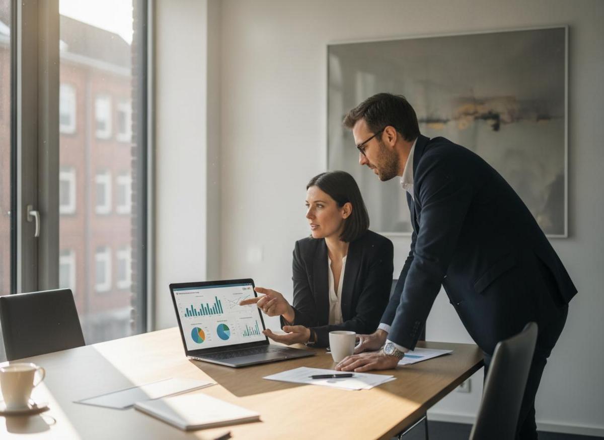 Zwei Kollegen analysieren Analytics-Dashboard beim Werbeagentur-Vergleich – Mittelstand-Kriterien wie Transparenz im Fokus