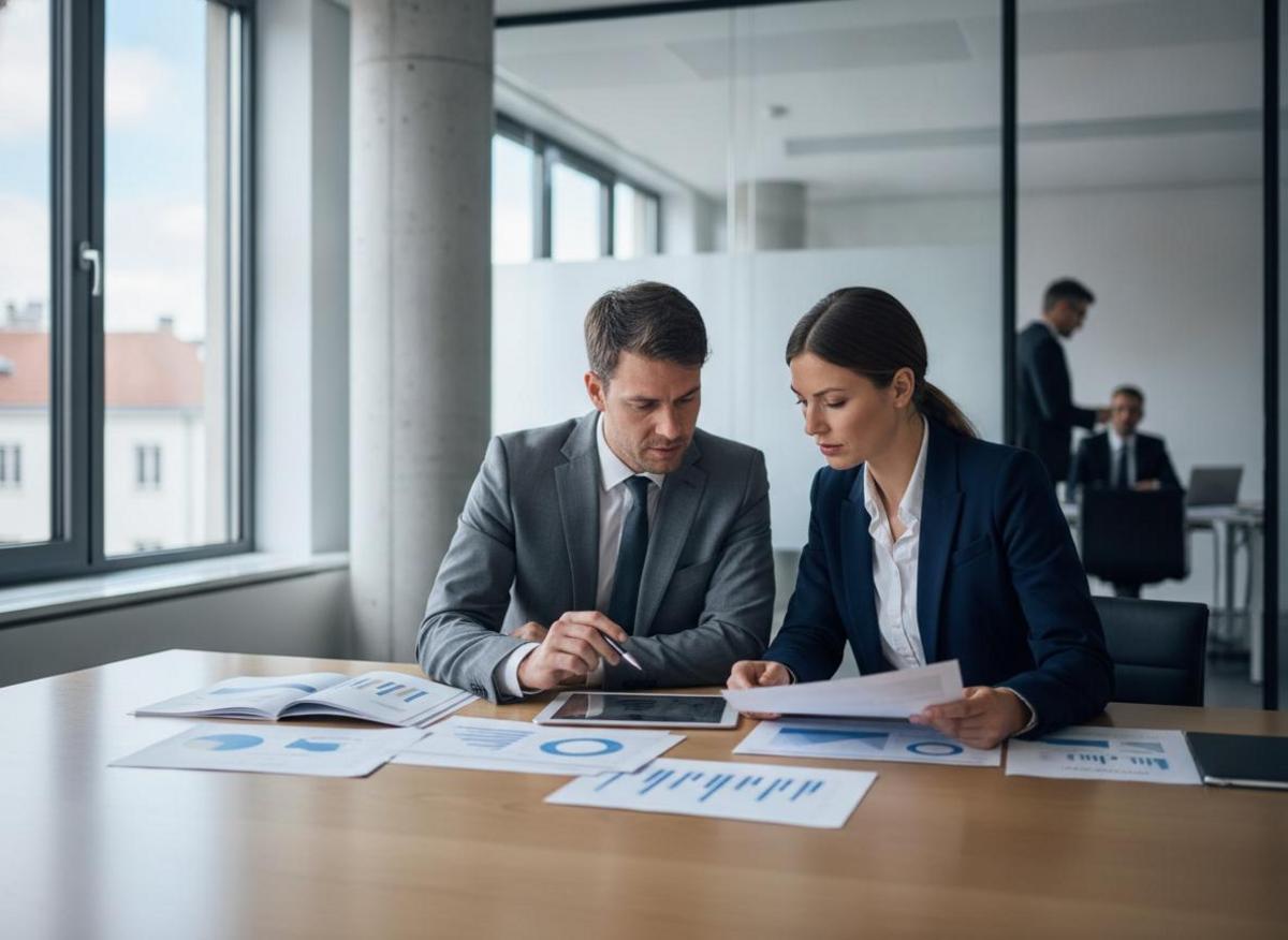 Zwei Geschäftsleute analysieren SEO-Agentur-Berichte im Münchner Büro – Mittelstand Vergleich Kriterien