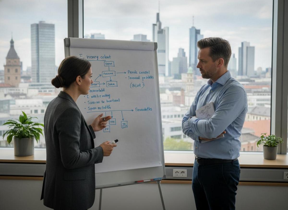 KMU-Inhaber und SEO-Agentur München beraten Mittelstand-Strategie am Whiteboard mit Stadtpanorama