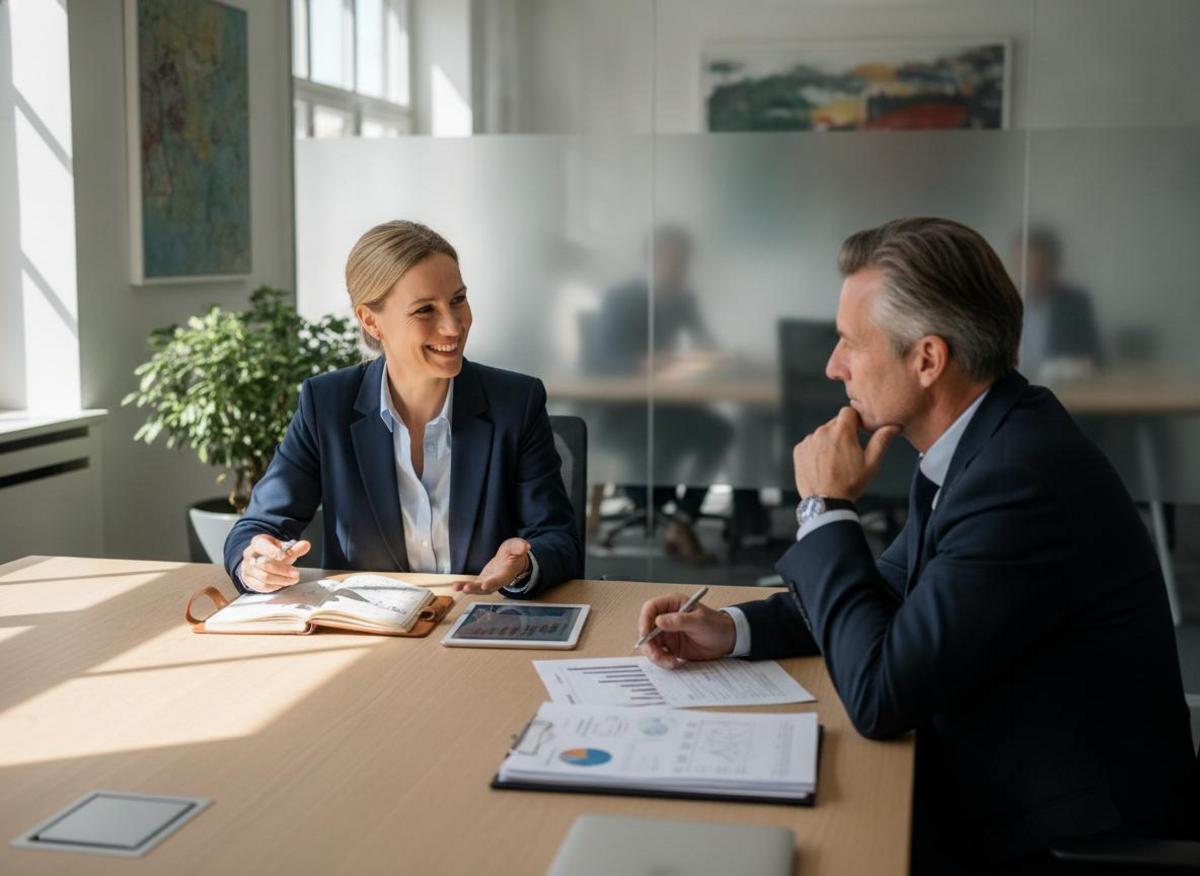 Erstgespräch mit SEO Agentur München – Berater und Mittelstand-Kunde besprechen Unterlagen am Schreibtisch