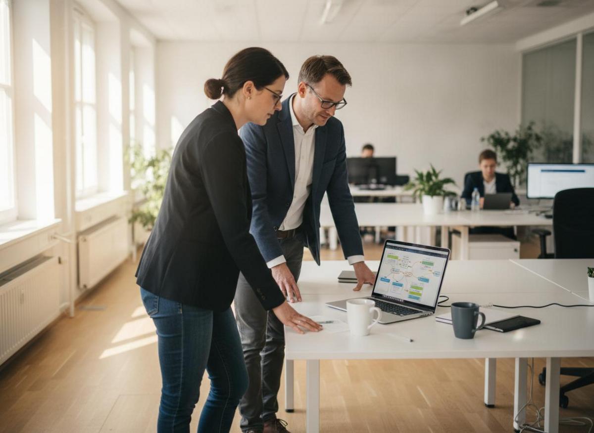 Zwei Kollegen analysieren Make.com Automatisierung am Laptop – Mittelstand-Einführung im modernen Büro