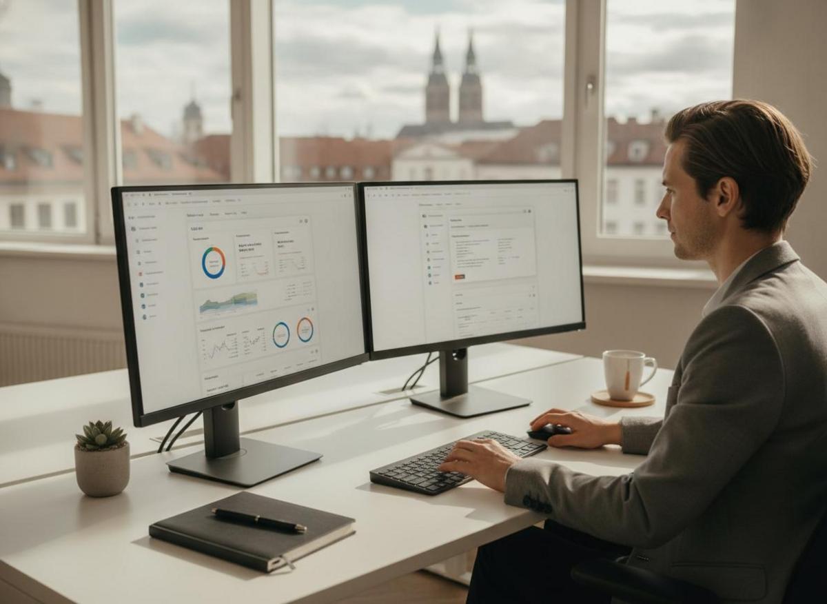 Marketing-Profi arbeitet an CRM-Dashboard und E-Mail-Tool – Make.com Automatisierung Mittelstand Einführung im Büro