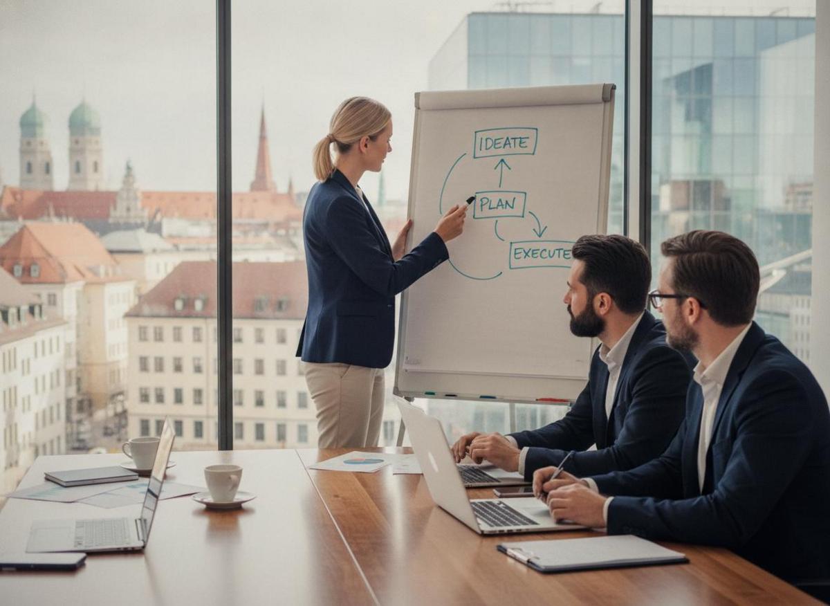 Drei Mittelständler planen Make.com Automatisierung Einführung am Whiteboard mit Prozess-Flowchart im Münchner Büro
