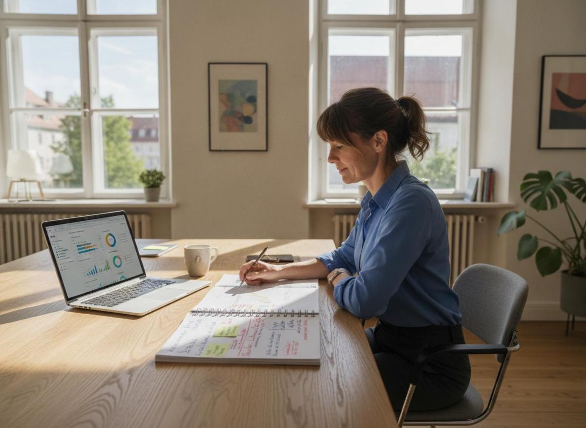 Kleiner Unternehmer entwickelt Online-Marketing-Strategie am Schreibtisch mit Marketingplan und Analytics-Dashboard