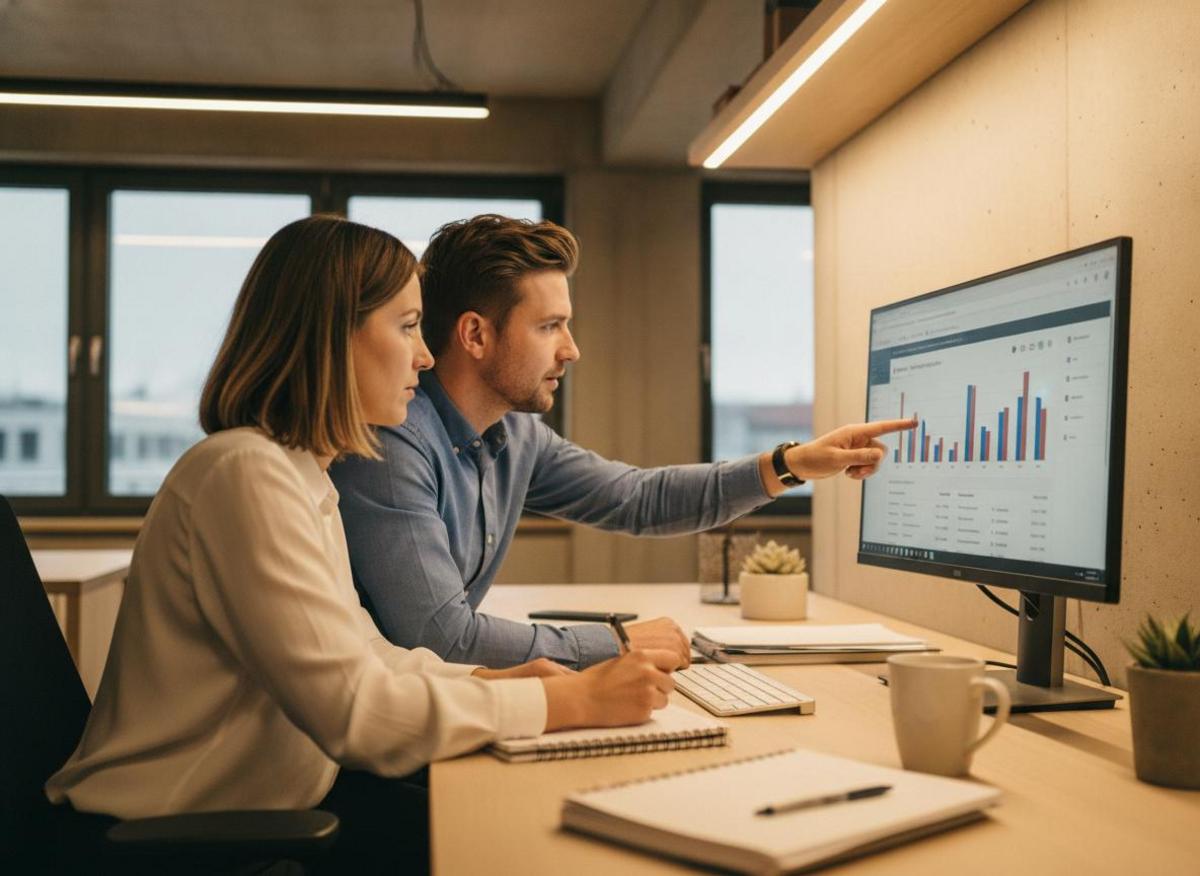 Zwei Kollegen analysieren Google Ads Kampagne – Online Marketing Strategie für kleine Unternehmen in Münchner Agentur