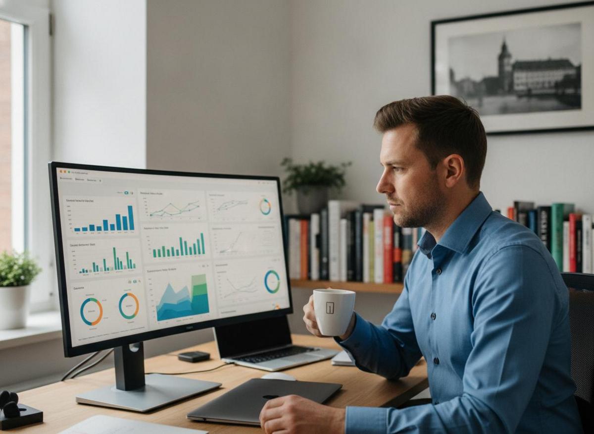 Unternehmer analysiert Performance-Dashboard – Online Marketing Strategie für kleine Unternehmen im Controlling