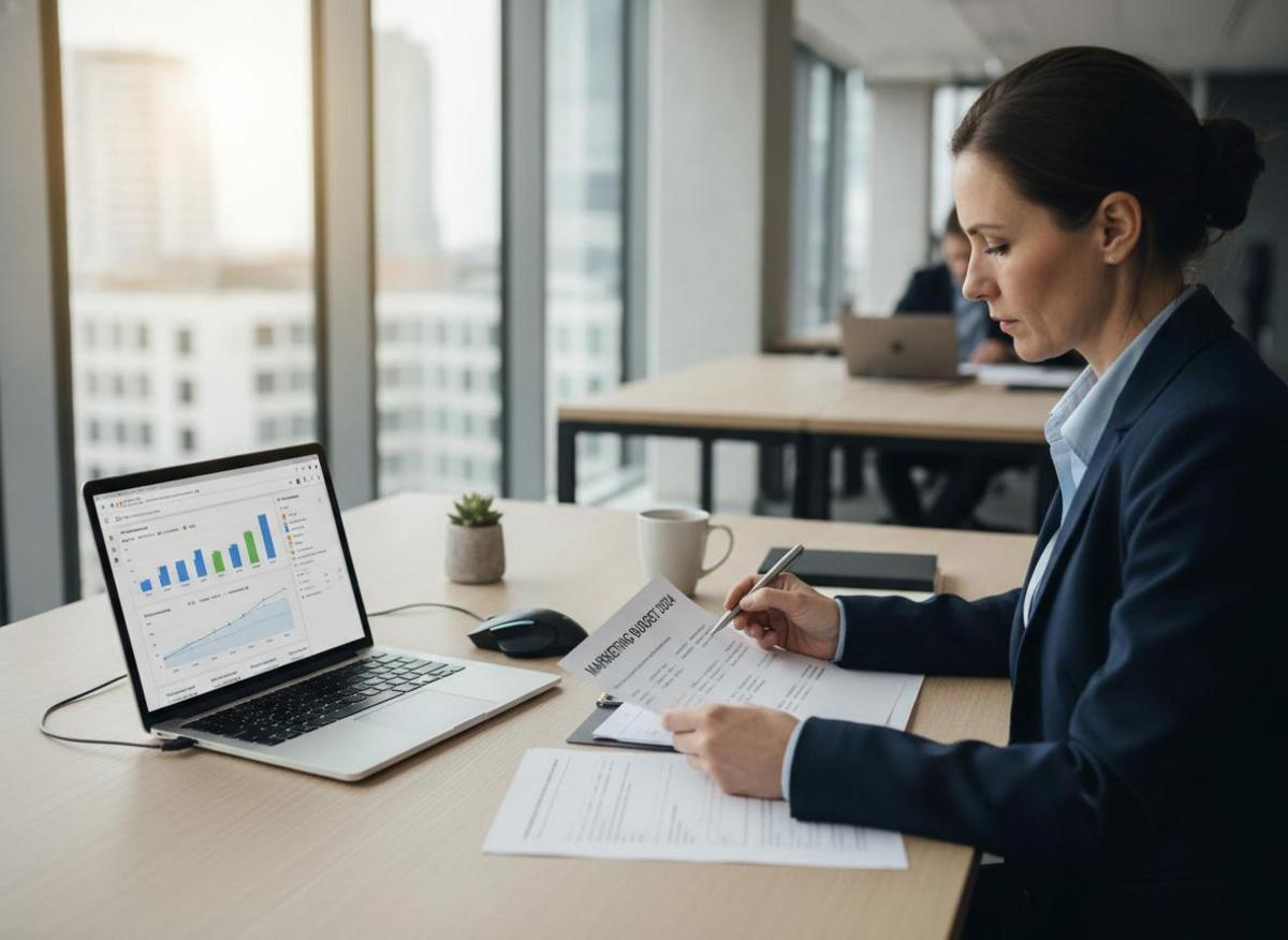 Finance-Manager prüft Google Ads Kosten Mittelstand 2026 – Budgetreport und Kampagnen-Dashboard im Münchner Büro