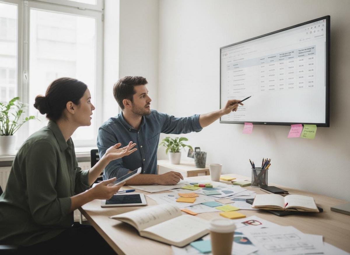 Zwei Marketer analysieren Google Ads Kosten Mittelstand 2026: CPC-Gebote und Wettbewerbsmetriken im Keyword Planner