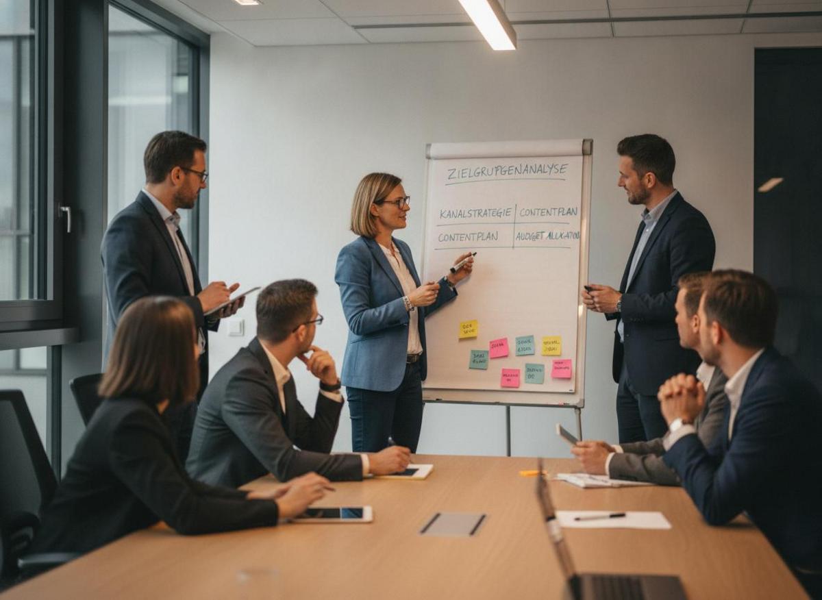 Marketingstratege plant Google Ads Kosten Mittelstand 2026 am Whiteboard mit Budgetzahlen auf Haftnotizen