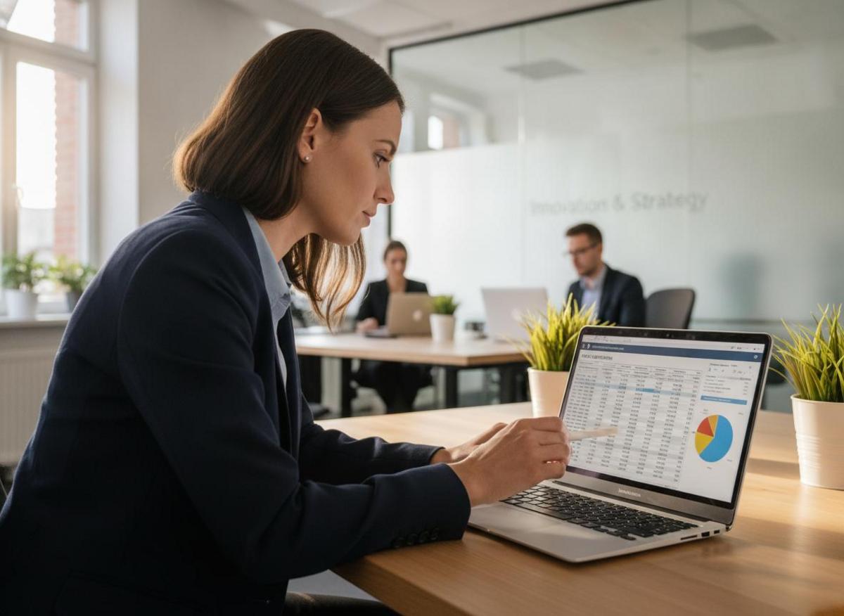 Marketing-Manager analysiert Online-Marketing-Kosten für Mittelständler am Laptop im modernen Büro