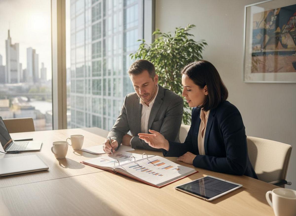 Zwei Geschäftsleute besprechen Online-Marketing-Budgetcharts – was kostet Online Marketing für Mittelständler?