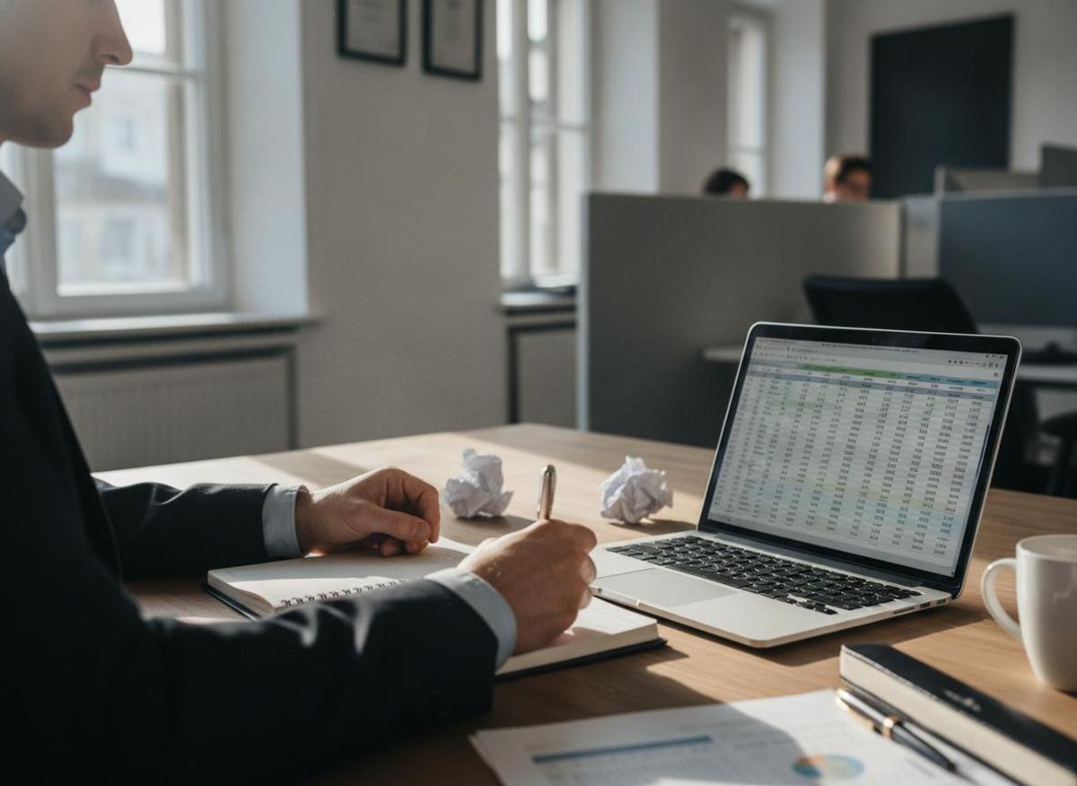 Mittelständler berechnet Online-Marketing-Kosten: Budgetzahlen im Notizbuch neben Laptop