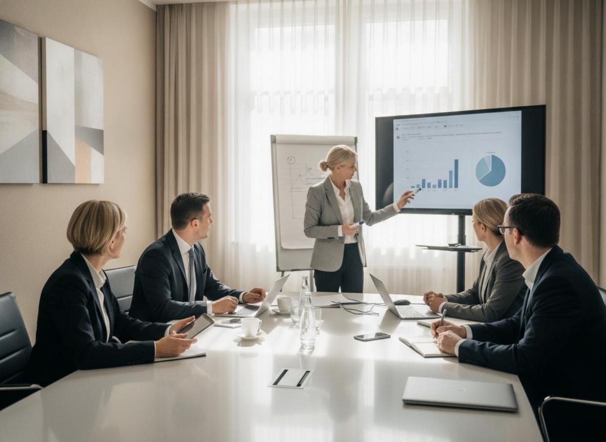 Mittelständler-Team bespricht Online-Marketing-Kosten mit externem Berater im Meetingraum