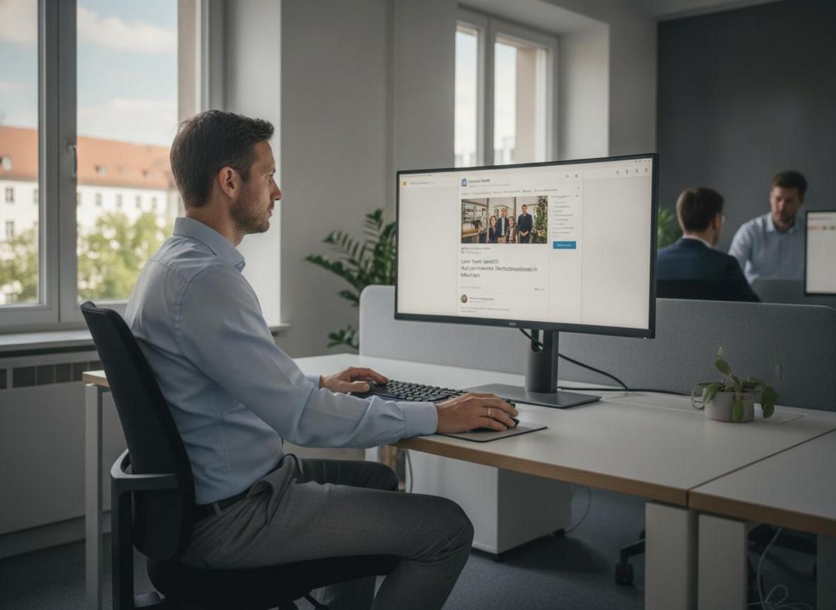 Marketing Manager optimiert LinkedIn Unternehmensseite am Desktop – Tipps zur Profilpflege im modernen Büro