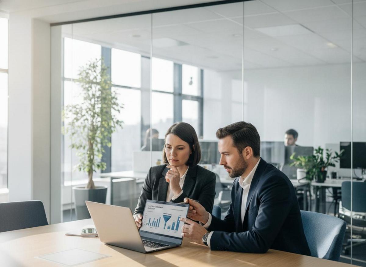 Zwei Profis analysieren LinkedIn Unternehmensseite optimieren Tipps für Lead-Generierung am Laptop im Meetingraum