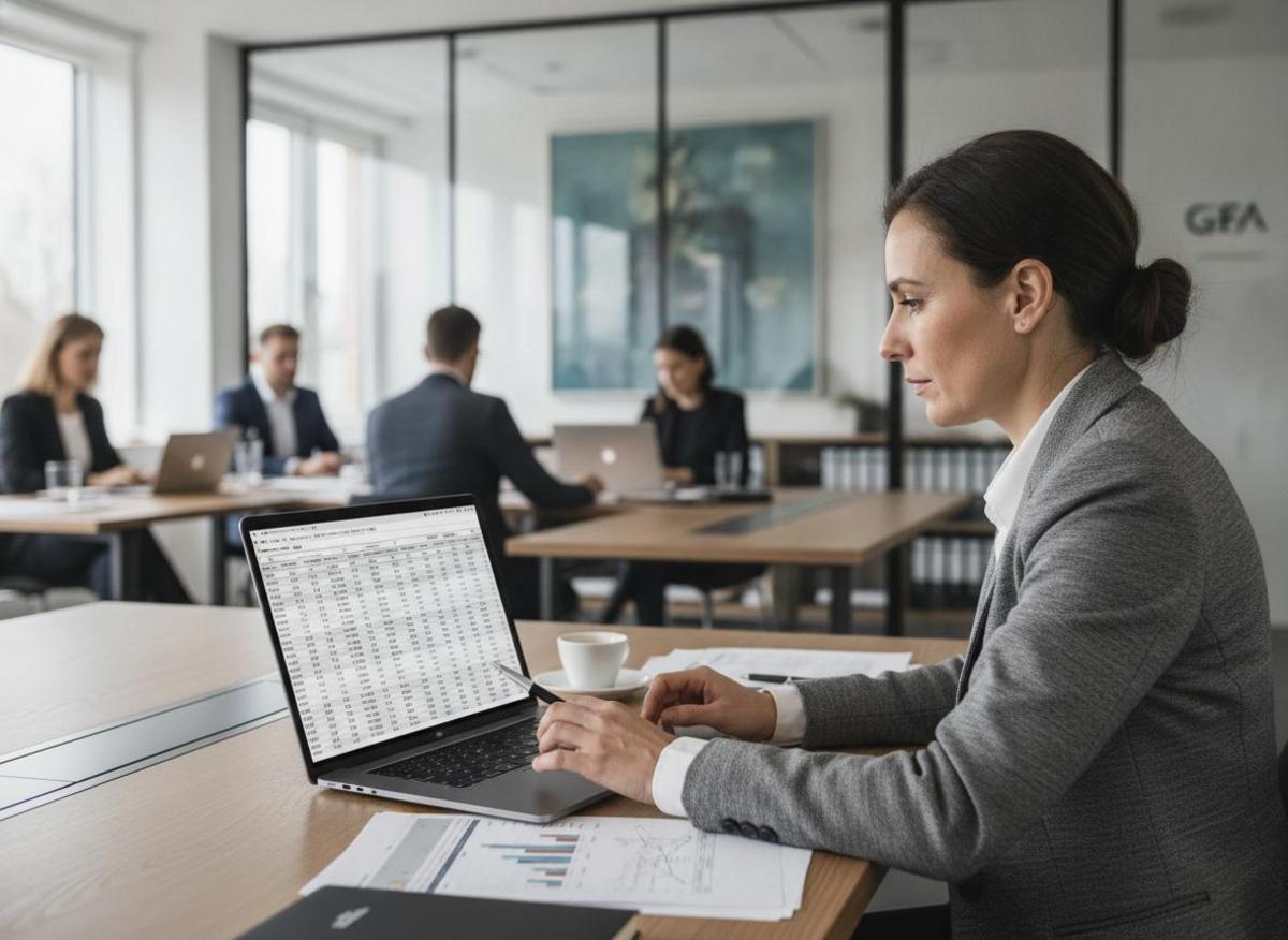 Geschäftsperson analysiert Kostenaufstellung für Webdesign Agentur München Mittelstand Vergleich am Laptop im Büro