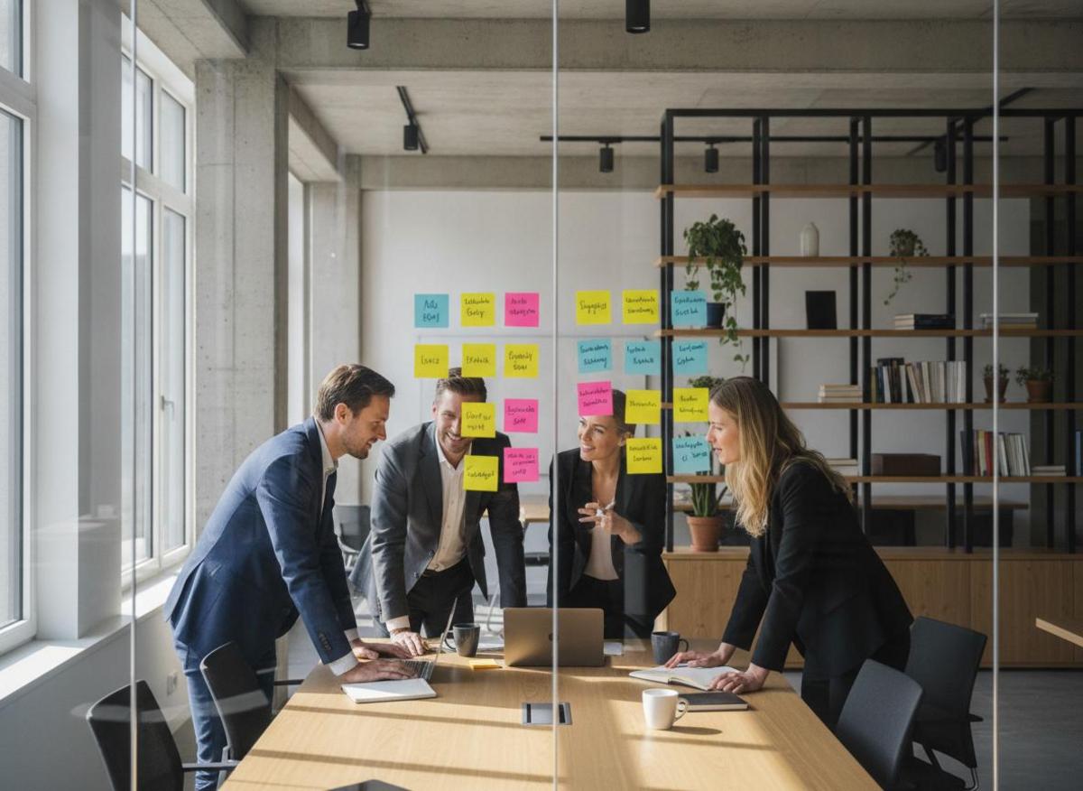 Kleines Team beim Kickoff-Meeting mit Sticky Notes – so arbeitet eine Webdesign Agentur München Mittelstand zusammen